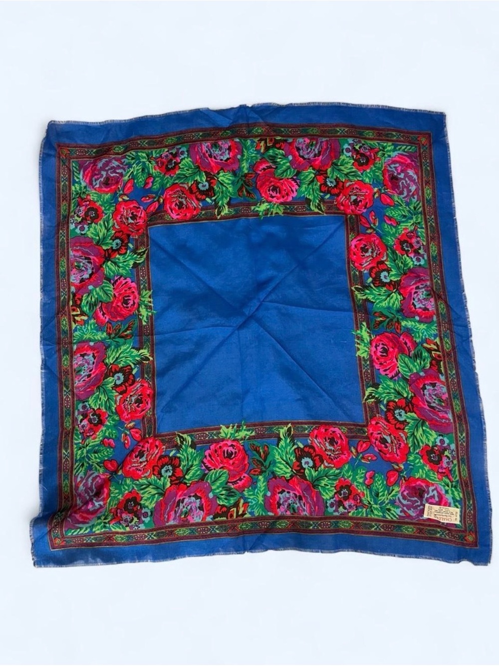 Challis by Berkshire Blue Floral Scarf Red Pink Border 100% Acrylic